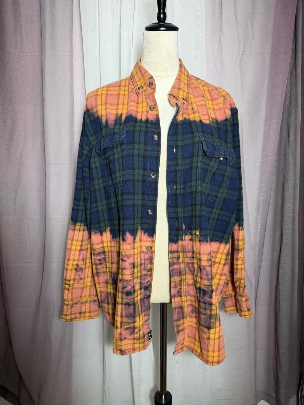 Ombre Line Bleached Plaid Flannel Button-Up Shirt in Navy & Orange